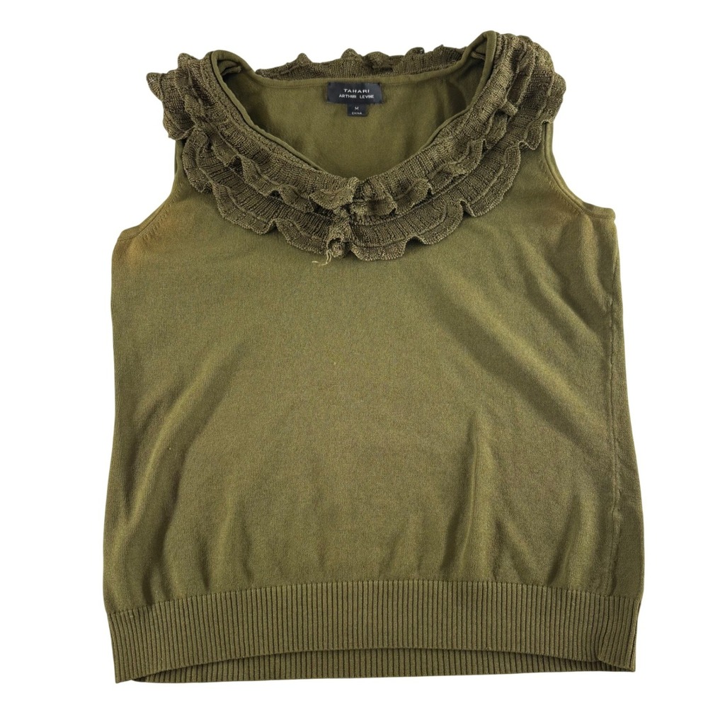 Tahari Arthur Levine Womens Olive Green Ruffle Neck Knit Shell Sweater Vest Med
